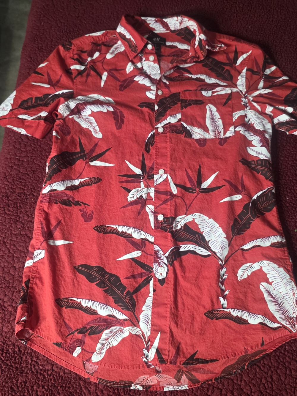H&M Men's Cotton Woven Floral Button-Up Shirt, Red, Short Sleeve, XS